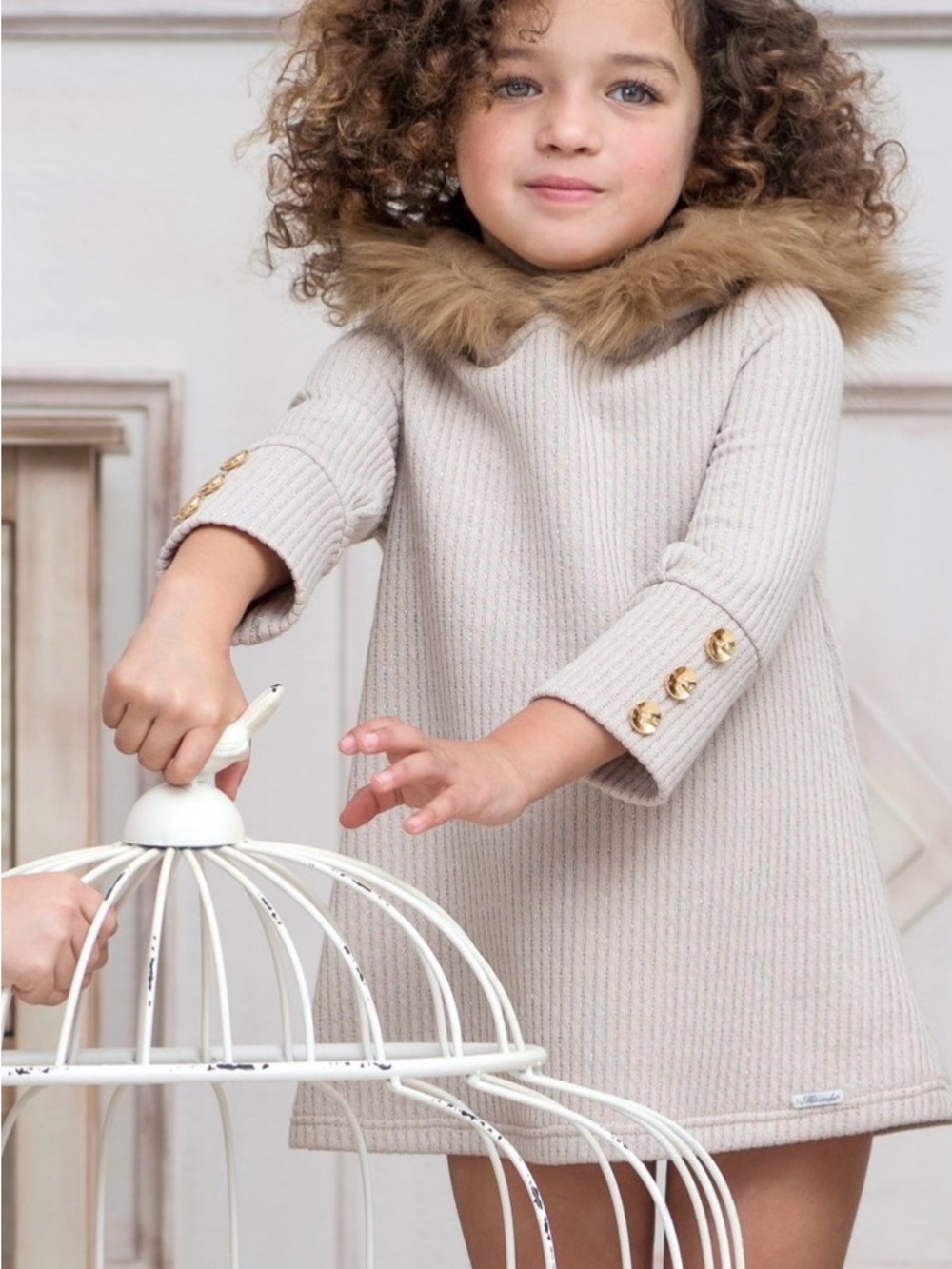 (Pink) Knit Coat with Faux Fur Hood